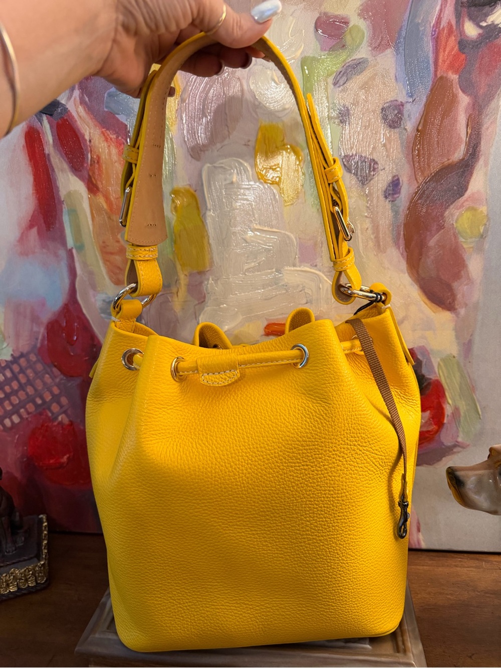 NWT Dooney & Bourne Yellow Leather Drawstring Bucket/Hobo Bag - Picture 2 of 7